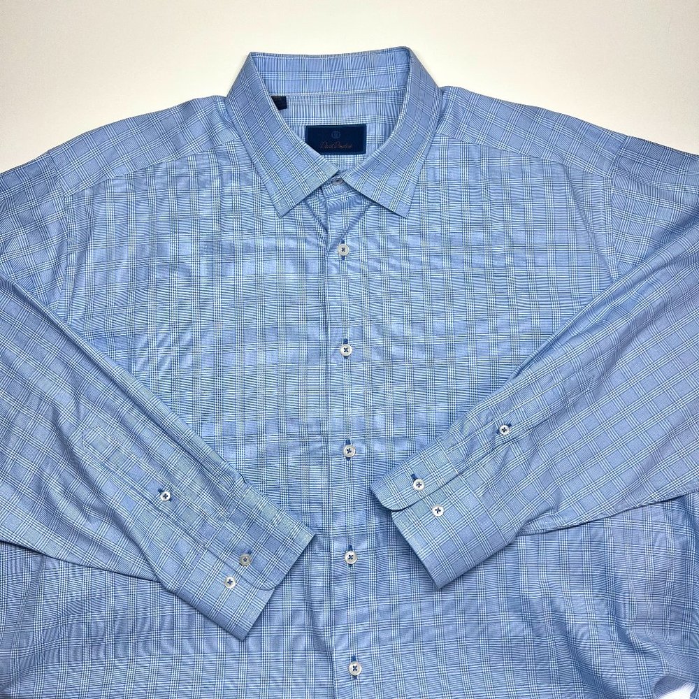 Gently used men's David Donahue shirt, size 18.5 • 34/35 in blue and white plaid